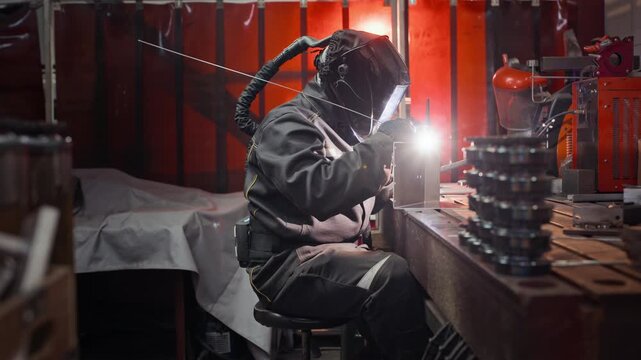 Professional welder wearing protective helmet and suit welding metal components at workbench in industrial workshop, camera zooming out. Video is ideal for manufacturing and trade school promotions