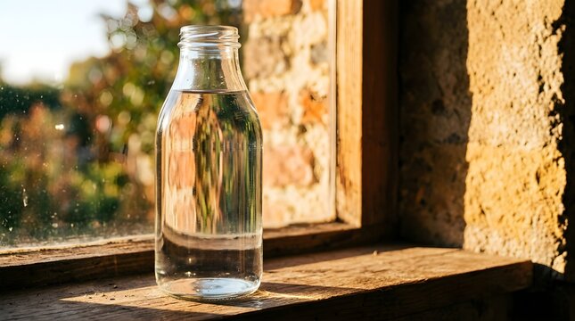 Glass bottle of clear water standing on a rustic wooden windowsill at sunset