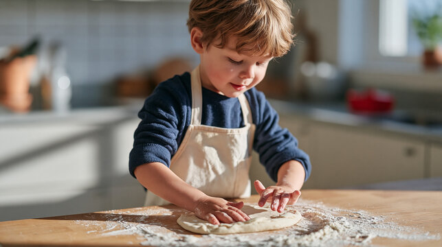 A child in a cooking class apron stands alone in golden hour kitchen light carefully folding pastry dough, flour dusting small hands and wooden worktop, afternoon sun streaming