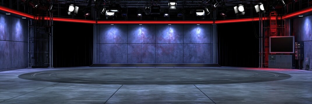 Modern Futuristic Television Studio with Circular Stage and Red Lighting, Ready for Broadcast