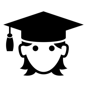 Icono con dibujo sencillo de la cabeza de una mujer con gorro de graduado con borla. Ceremonia de graduaci&oacute;n en la universidad
