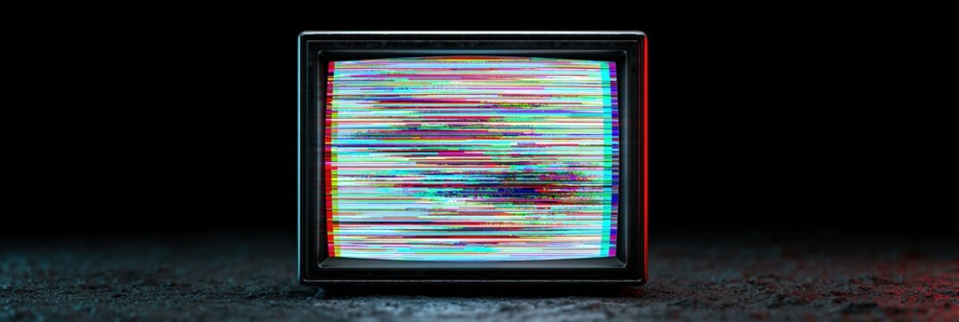 Retro television screen with static and glitch effect, dark background, vintage technology concept