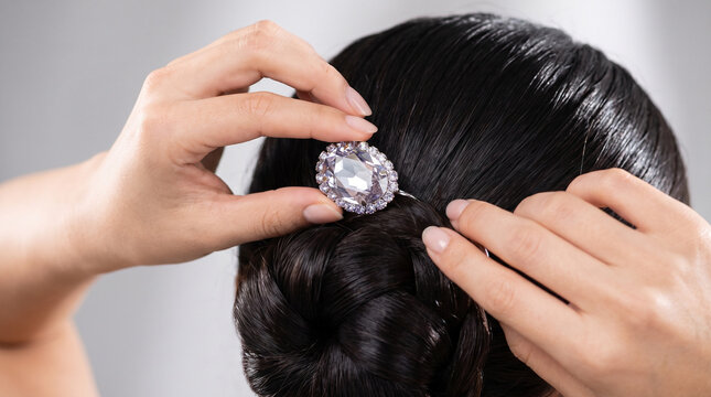 Jeweled hair accessory customization, crystal embellishment on dark hair