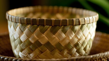 Obraz premium Close up of a handwoven bamboo basket with intricate woven pattern and natural light highlighting its texture