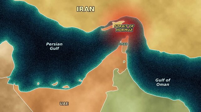 Geopolitical map of the Strait of Hormuz with animated pulsating red glow tension zone and crisis center