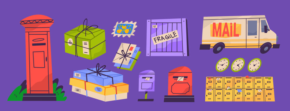 Cartoon mail delivery icon set with mailboxes, parcels, mail van truck, envelopes, and wooden crate on dark background