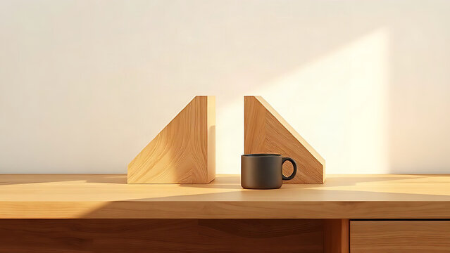 Two identical triangular bookends in row on oak desk with ceramic cup, minimalist desk organization concept