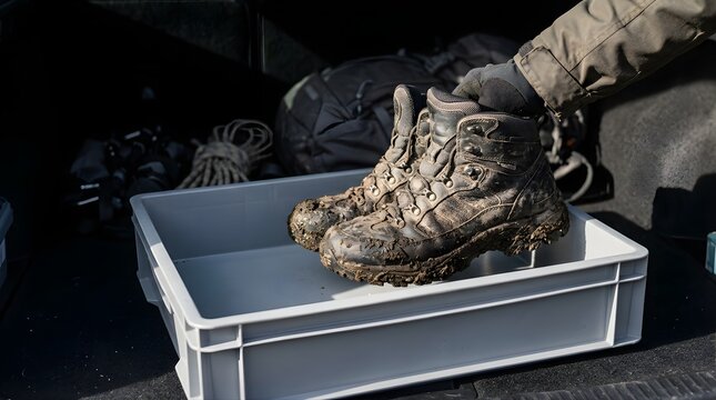 Hiker placing muddy trekking boots into plastic container in car trunk