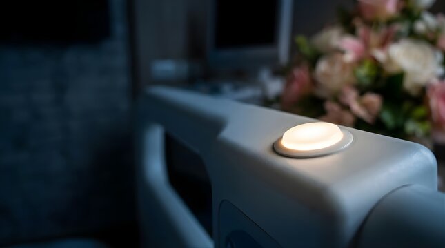 Illuminated nurse call button on a modern hospital bed in a patient room