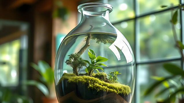 A large glass terrarium containing a miniature forest landscape with plants.