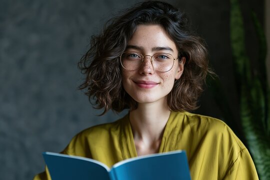 Smiling young woman with curly hair and glasses reading a blue book for lifestyle banner and calm background design