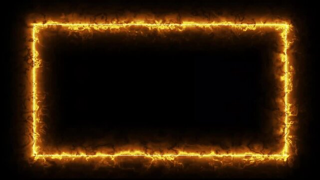 Fire neon burning frame border on black background Loop alpha channel. fire line glowing rectangle border 4k video
