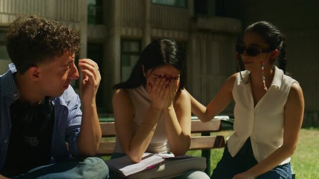 A distressed high school student is comforted by her friends while sitting on a campus bench. Two supportive friends offer emotional support to their upset peer outdoors.