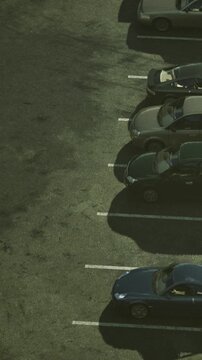 Several cars are parked in a lot under clear blue skies. Shadows fall across the asphalt. The scene shows different car models and colors lined up neatly.