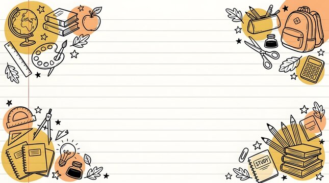 School supplies doodle corners banner frame background