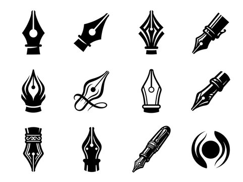Vintage fountain pen nib icons, set of 12 black ink calligraphy pen tips, elegant stationery and writing tool symbols for logo design