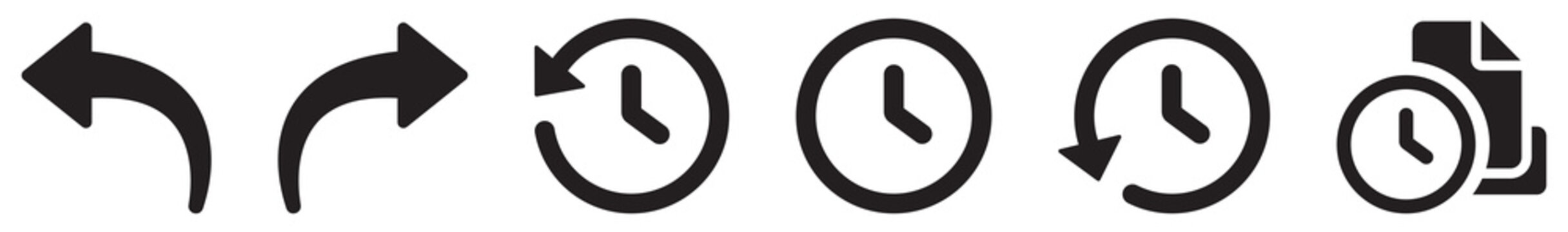 Undo redo icons in solid black style for editing controls, recent actions and restore functions in software interfaces, web applications, dashboards and document editors.