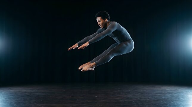 Male dancer leaping in mid-air against a dark studio background