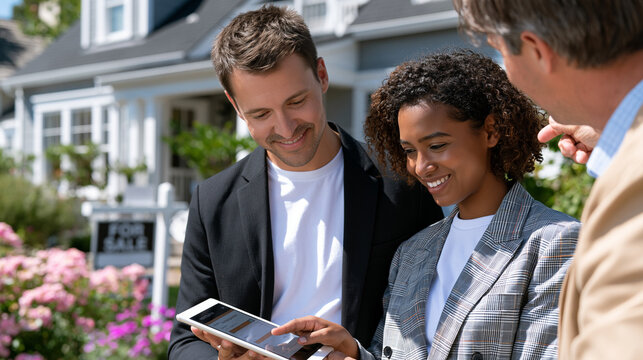 Mortgage digital application progress bar shown on tablet screen held by young couple outside a modest home they are touring, real estate agent points toward property, late summer