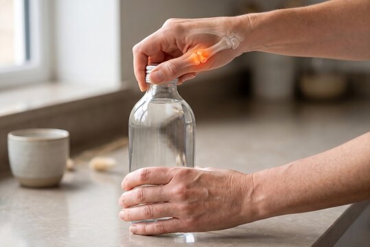Thumb Joint Pain While Opening Bottle with Hand Anatomy Overlay