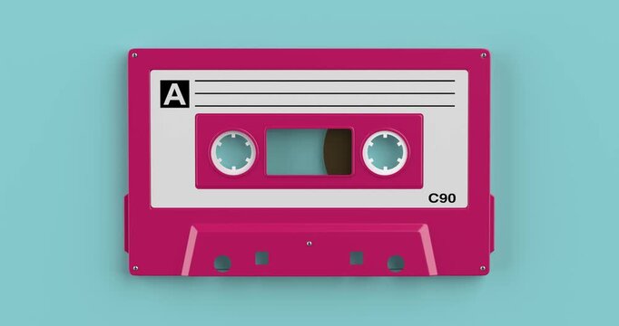4k Resolution Video: Retro Audio, Analog Music, Nostalgia And Vintage Recording Concept. Animated Pink Cassette Tape Centered On A Blue Background