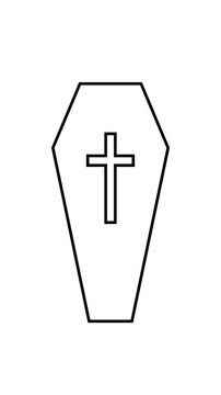 4k Resolution Vertical Video for Social Media: Mortality, Funeral, Christian Faith, Remembrance, Grief And Afterlife Concept. Minimal Coffin Animated Outline With Cross Centered On White Background