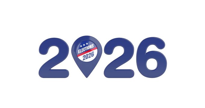 4k Resolution Video: Election Year, Voting, Democracy, Political Campaign And Location Concept. Blue 2026 Numerals With Election Badge Inside Map Pin Animated On White Background With Alpha Matte