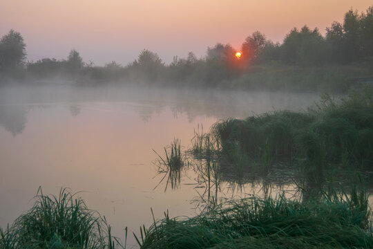 peaceful lake at sunrise with thick fog rolling over the calm water and trees in the background.