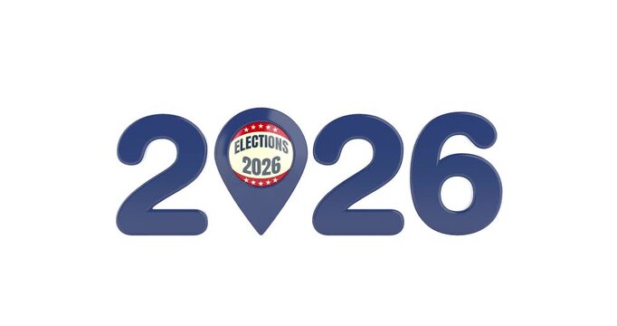 4k Resolution Video: Election Year, Voting, Democracy, Political Campaign And Location Concept. Blue 2026 Numerals With Election Badge Inside Map Pin Animated On White Background With Alpha Matte