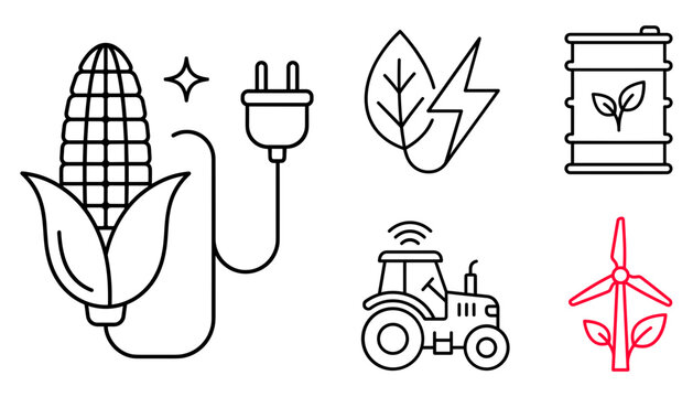 Bioenergy and smart agriculture line art vector icon set featuring biofuel corn electric plug leaf tractor and wind turbine