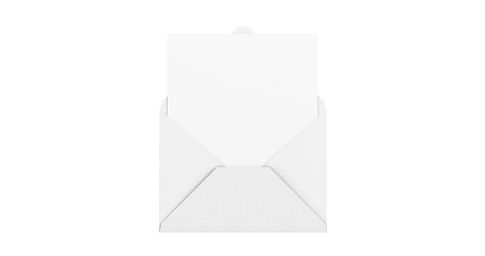 4k Resolution Video: Message Reveal, Mail Opening, Invitation Delivery And Communication Concept. White Envelope Opens Animated To Display A Blank Paper Card On White Background With Alpha Matte
