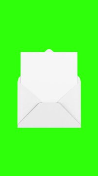 4k Resolution Vertical Video for Social Media: Message Reveal, Mail Opening, Invitation Delivery And Communication Concept. White Envelope Opens Animated To Display A Blank Paper Card On Green 