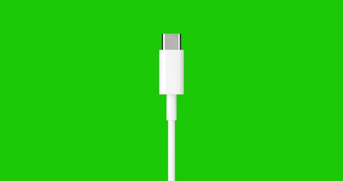 4k Resolution Video: Charging Cable Concept. White USB-C Connector With Slim Cable, Metallic Tip, Minimal Product Detail Seamless Loop Rotating On Green Screen Chroma Key Background With Alpha Matte