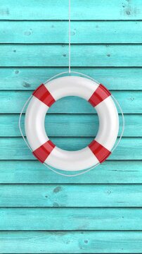 4k Resolution Vertical Video for Social Media:  Coastal Safety And Nautical Decor Concept. Red And White Lifebuoy Animated Hanging On Turquoise Wooden Plank Wall