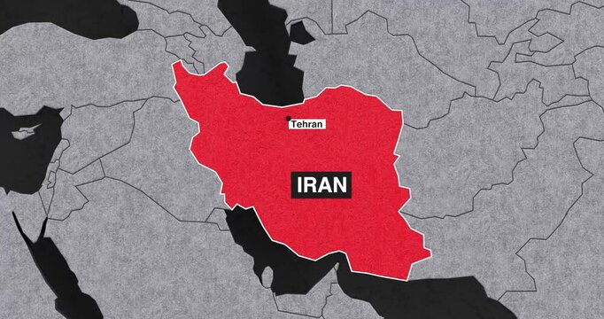 4k Resolution Video: Global Geography, Iran Location, Regional Mapping, Tehran Identification And Animated Map Zoom Concept. World Map Transitions To Highlight Iran And Tehran On Black Background
