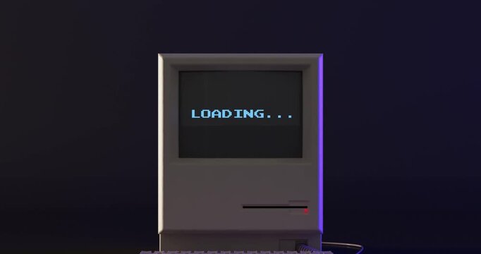 4k Resolution Video: Retro Computing, Loading Process, Digital Waiting And System Startup Concept. Old Computer With Flashing Loading Message On Dark Background