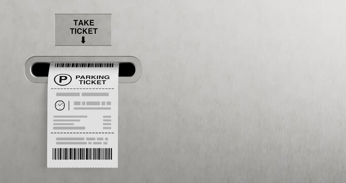 4k Resolution Video: Automated Parking Access, Ticketing, Vehicle Control, Urban Mobility And Customer Service Concept. Parking Ticket Animated Dispenses From Metal Machine With Copy Space 