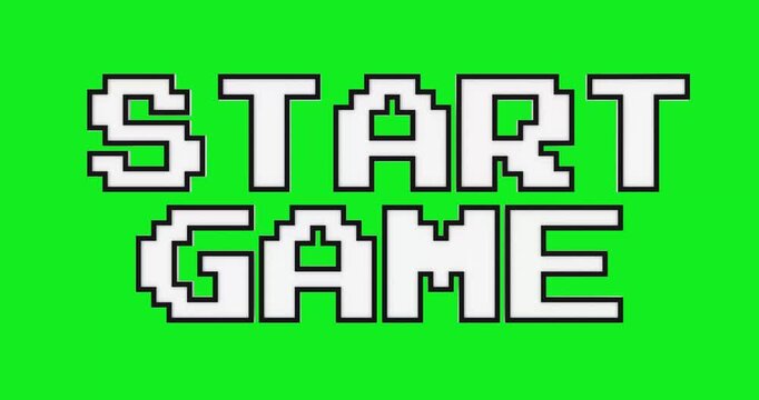 4k Resolution Video: Retro Pixel Start Game Concept. White Pixel Blocky Arcade Text With Black Outline In Old Computer Game Style Animated On Green Screen Chroma Key Background With Alpha Matte