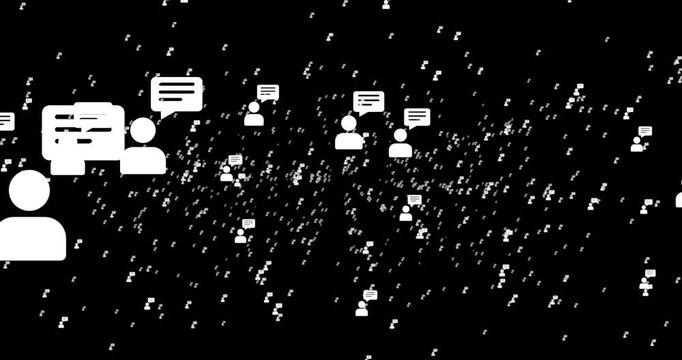 4k Resolution Video: Social Communication, Online Community, Messaging And Digital Network Concept. White Animating User And Chat Icons Floating Across Black Background