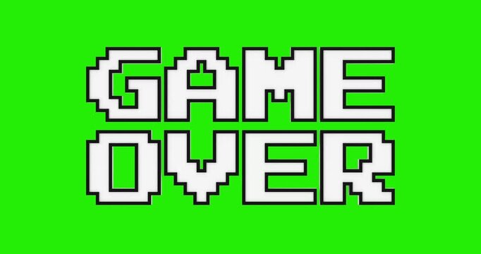 4k Resolution Video: Retro Pixel Game Over Concept. White Pixel Blocky Arcade Text With Black Outline In Old Computer Game Style Animated On Green Screen Chroma Key Background With Alpha Matte