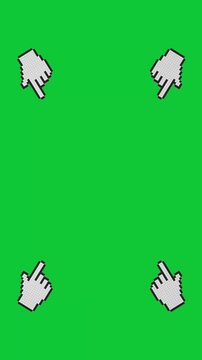 4k Resolution Vertical Video for Social Media:  Retro Pixel Game Interface Concept. Four Animated White Hand Cursor Pointers Framing Green Background With Empty Center And Old Computer Game Style