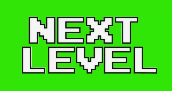 4k Resolution Video: Retro Arcade Progress, Level Advancement, Gaming Achievement And Classic Video Game Interface Concept. Old Pixel Next Level Sign In White And Black Animated On Green 
