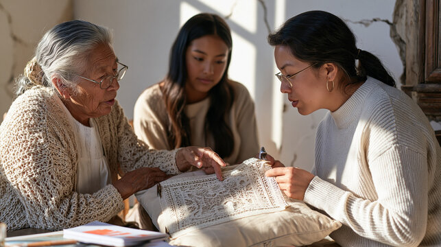 An elderly lacemaker and her granddaughter sit in an abandoned farmhouse, intricate bobbin lace stretched on a pillow between them, cracked walls surrounding them, the older woman
