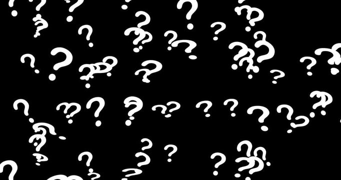 4k Resolution Video: Question Marks Falling, Uncertainty, Curiosity, Inquiry And Confusion Concept. White Question Marks Falling Down Across Black Background In Looping Animation