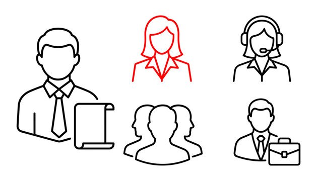 Customer service and business team line art icon set featuring user avatars support agent and corporate professional elements