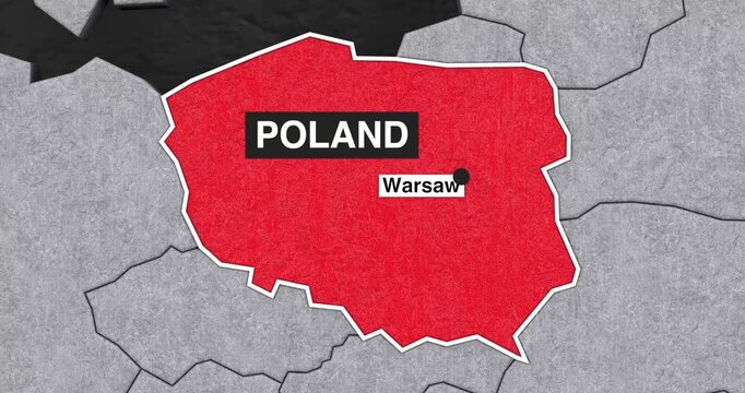 4k Resolution Video: Global Geography, Poland Location, Warsaw Identification, Map Zoom And Travel Animation Concept. World Map Animated Transitions To Highlight Poland And Warsaw On Black Background