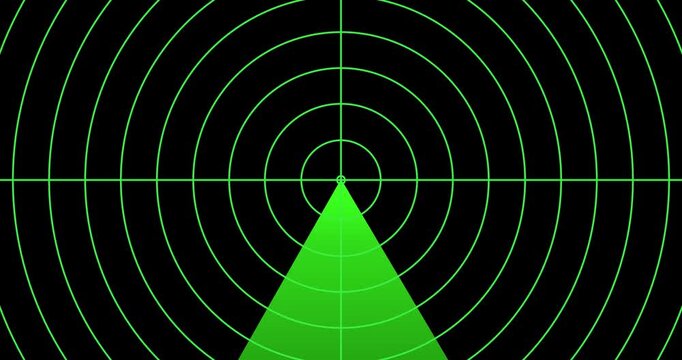 4k Resolution Video: Radar Detection, Surveillance, Navigation, Tracking And Security Technology Concept. Animated Green Radar Sweep With Circular Grid And Crosshair On Black Background