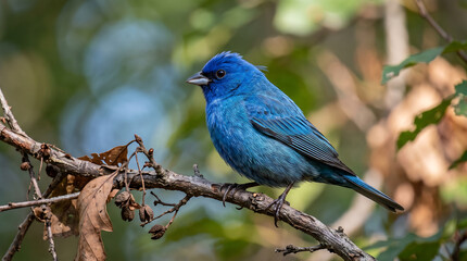 Fototapeta premium Indigo bunting bird perched on a dry tree branch with natural green blurred forest background lighting