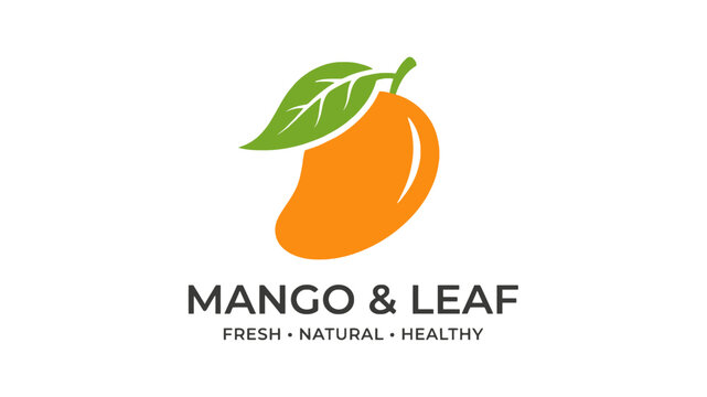 Minimalist mango fruit logo design with green leaf representing fresh organic natural products and healthy lifestyle food branding