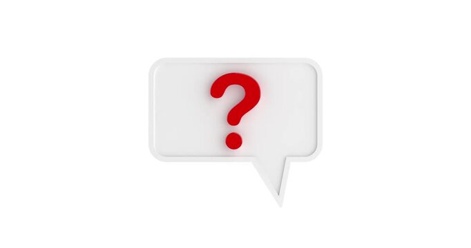 4k Resolution Video: Question, Inquiry, Uncertainty, Curiosity And Communication Concept. White Speech Bubble With Red Question Mark Animated On White Background With Alpha Matte